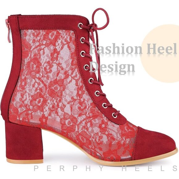 Ankle Boots for Women Red Rubber Lace Up Floral Lace Block Heels for Women - Picture 4 of 6